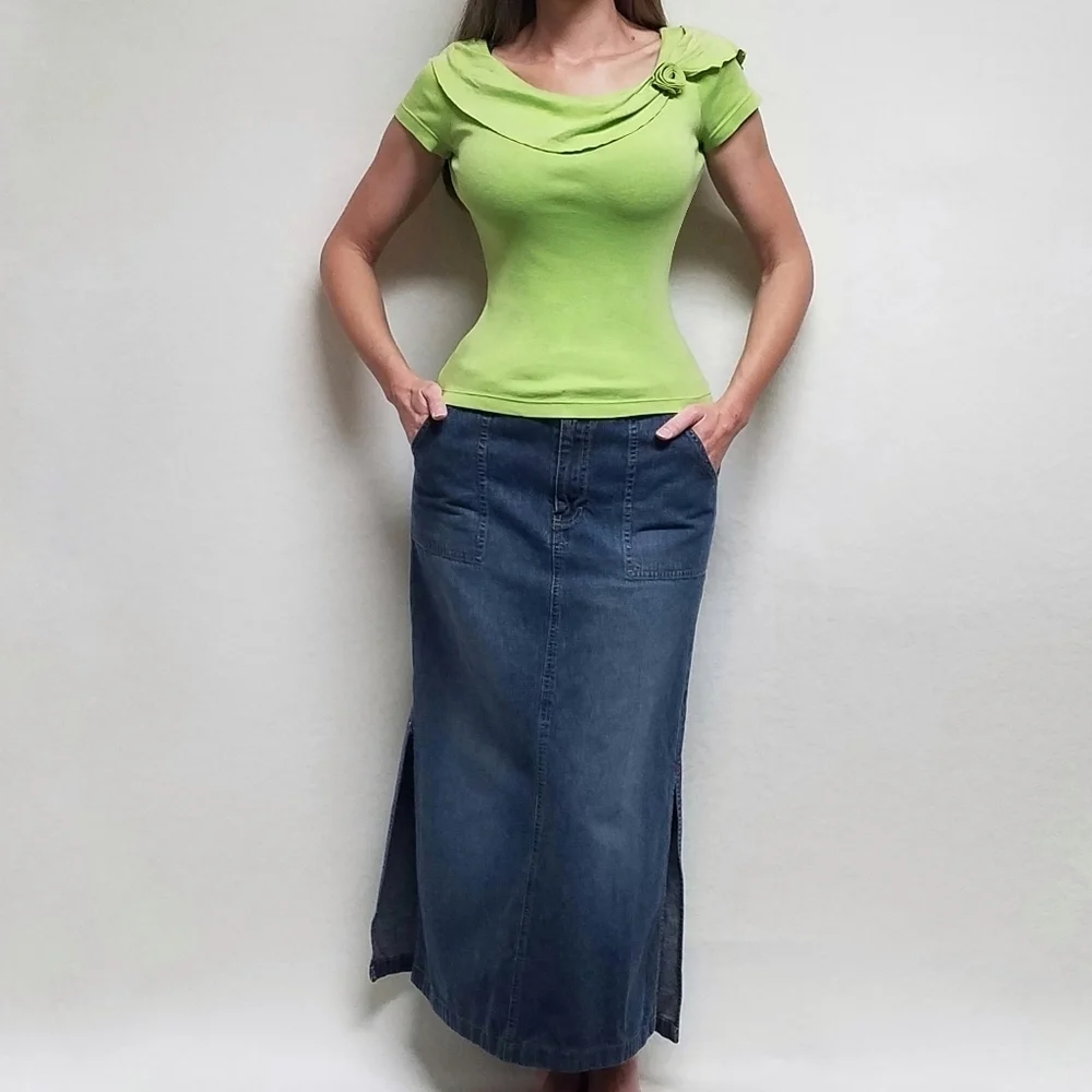 Y2K Vintage Cable & Gauge Neon Green Boatneck Bertha Collar Rosette Short Sleeve